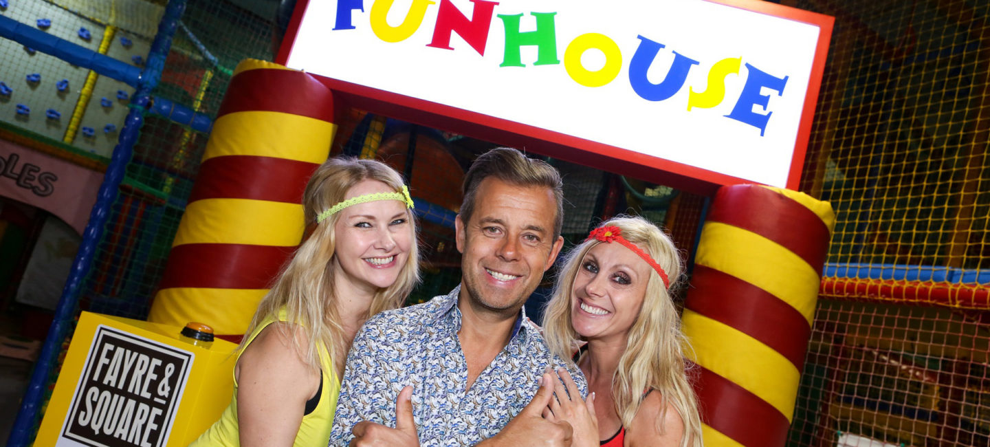 Pat Sharp and the twins promoting the highly anticipated return of Fun House with Fayre & Square pubs