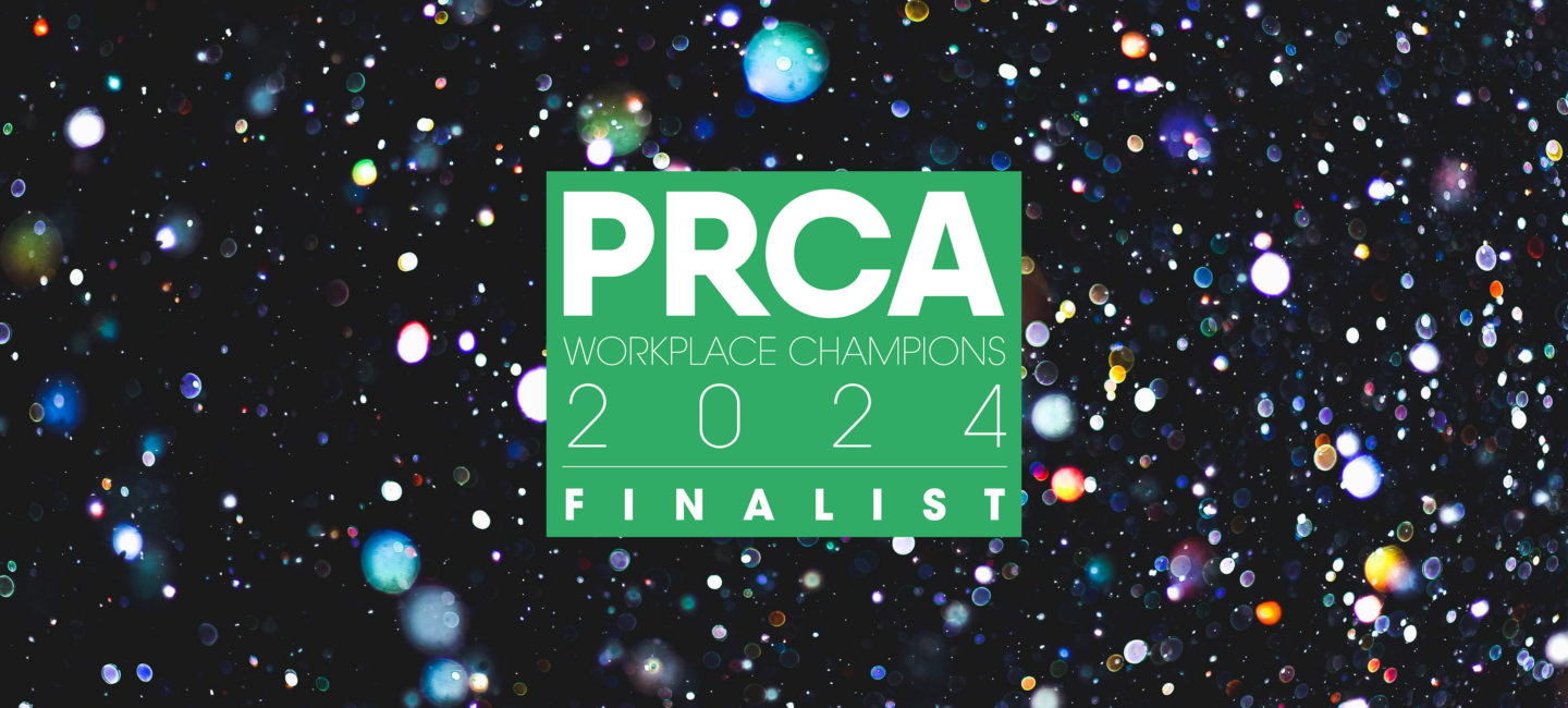 PRCA Workplace Champions 2024 logo against a sparkly backrgound