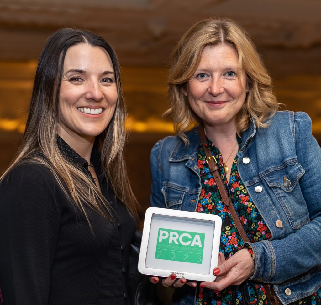 Bex Williams and Jane Ainstworth of WPR with the PRCA Workplace Champions trophy