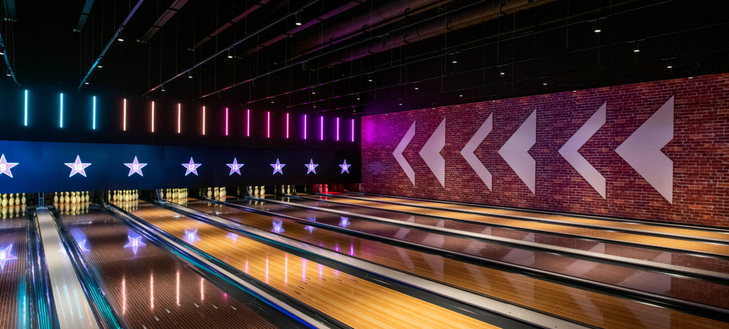 Rows of bowling alleys at Hollywood Bowl Liverpool