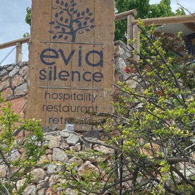 A place sign for the Evia Silence retreat