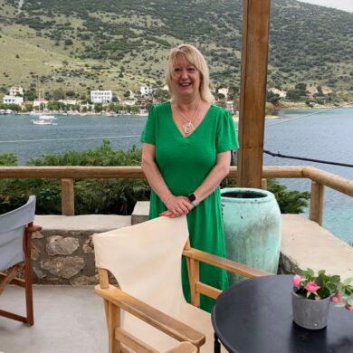 Jayne smiling on the terrace 