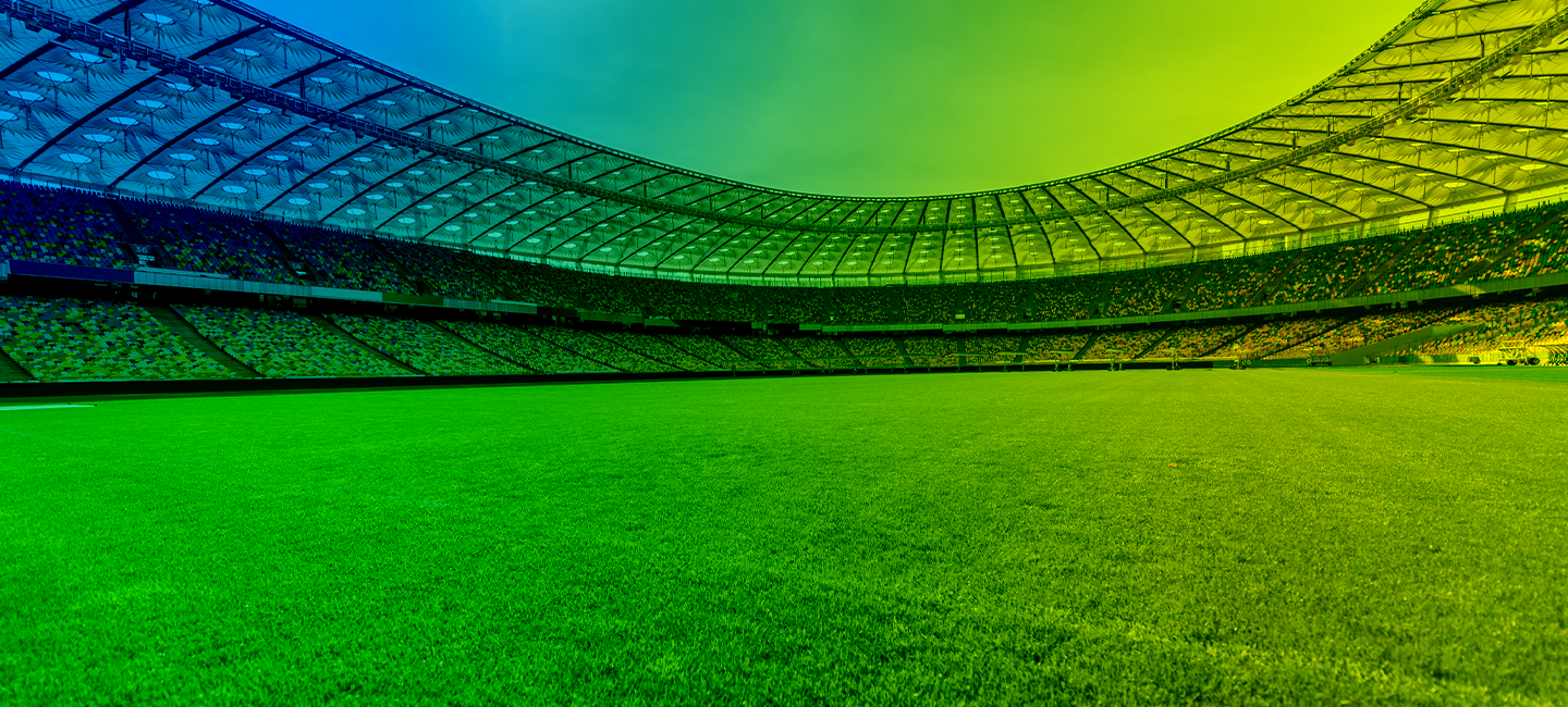 Grass pitch and seating of a large sports stadium