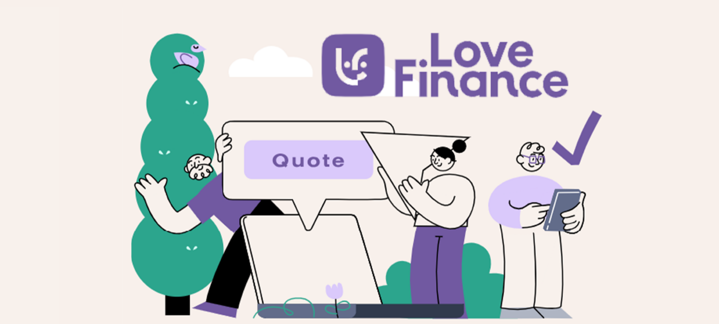 An illustration of people getting quotes from a laptop with the Love Finance logo above it