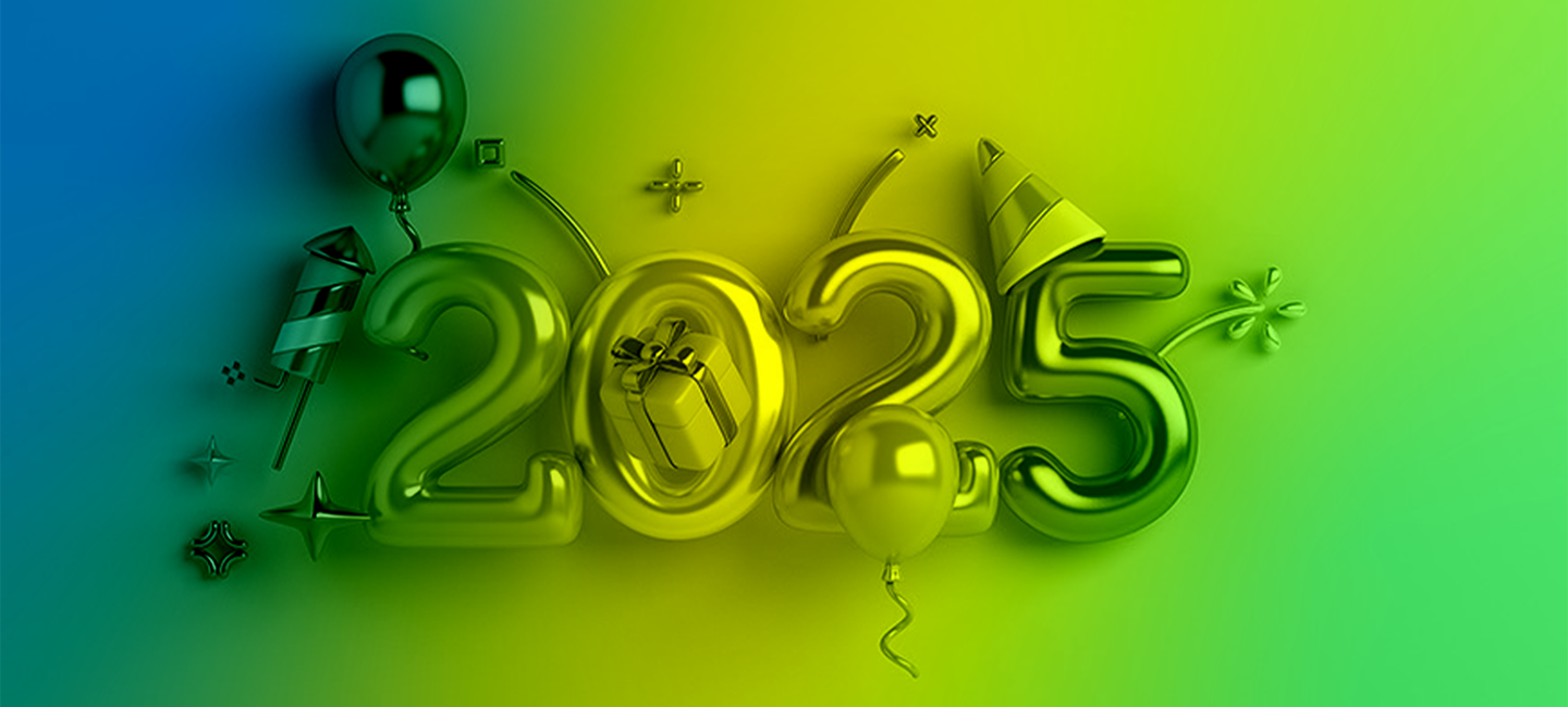The number 2025 made out of balloons, decorated with a present, party hat and rocket