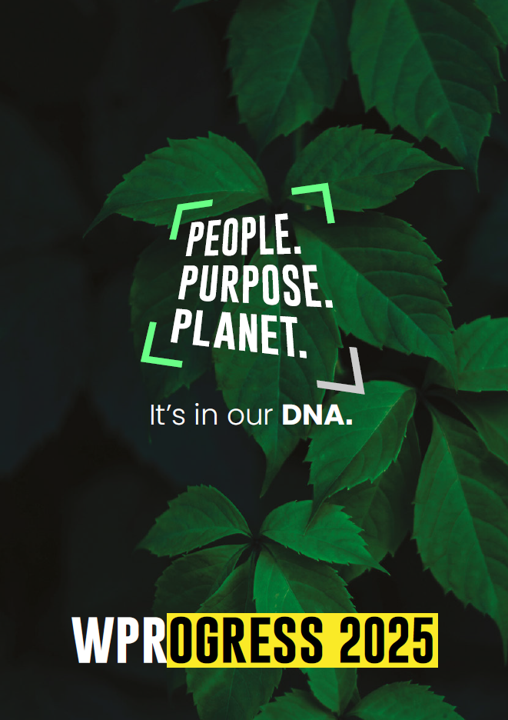 Cover image of the WPRogress booklet featuring a background of leaves and the People, Purpose, Planet logo.